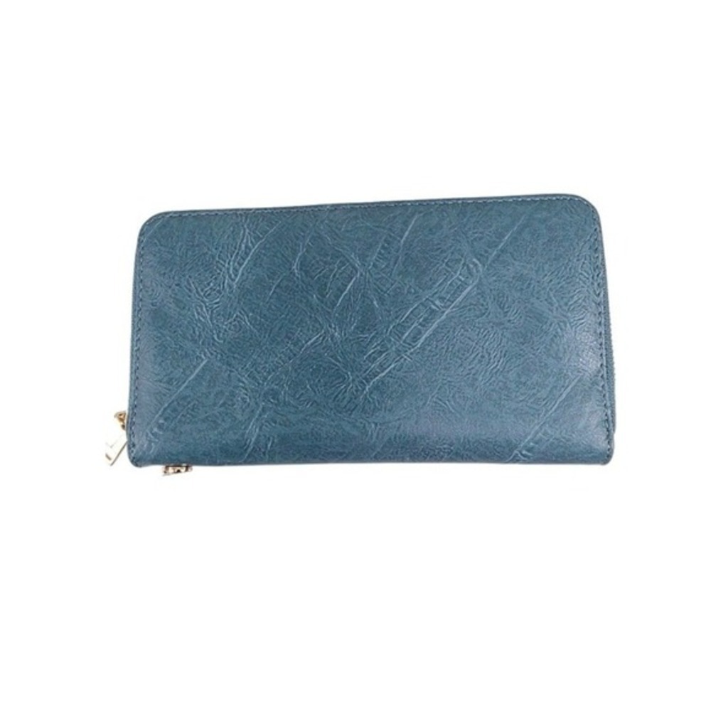 Long Zip Continental Organizer Wallet Blue Vegan Leather Minimalist Quiet Luxury